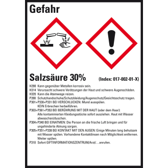 GHS-Etikett Salzsäure 30%, GefStoffV/GHS/CLP, Folie, 74x52mm, 10/Bogen-Beschreibung lesen