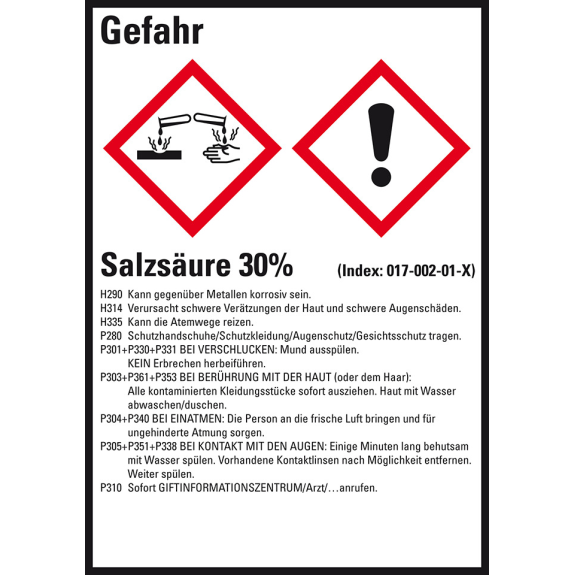 GHS-Etikett Salzsäure 30%, GefStoffV/GHS/CLP, Folie, 74x52mm, 10/Bogen-Beschreibung lesen