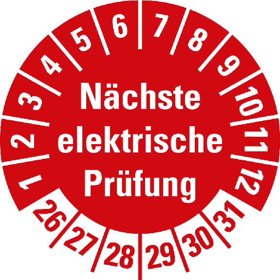 Prüfplakette Nächste elektr. Prüfung,26-31,rot,Folie,selbstkl.,Ø 30mm,10/Bogen-Leggi tutto