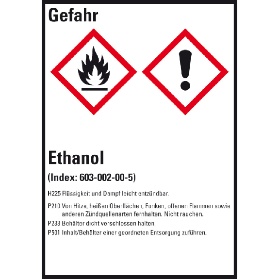 GHS-Etikett Ethanol, GefStoffV/GHS/CLP, Folie, selbstklebend, 52x74mm, 10/Bogen GHS-Etikett Ethanol, GefStoffV/GHS/CLP, Folie, selbstklebend, 52x74mm, 10/Bogen-Beschreibung lesen