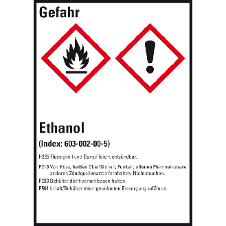 GHS-Etikett Ethanol, GefStoffV/GHS/CLP, Folie, selbstklebend, 52x74mm, 10/Bogen-Beschreibung lesen