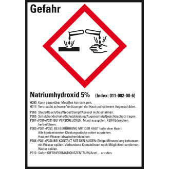 GHS-Etikett Natriumhydroxid 5%, GefStoffV/GHS/CLP, Folie, 74x52mm, 10/Bogen-Beschreibung lesen