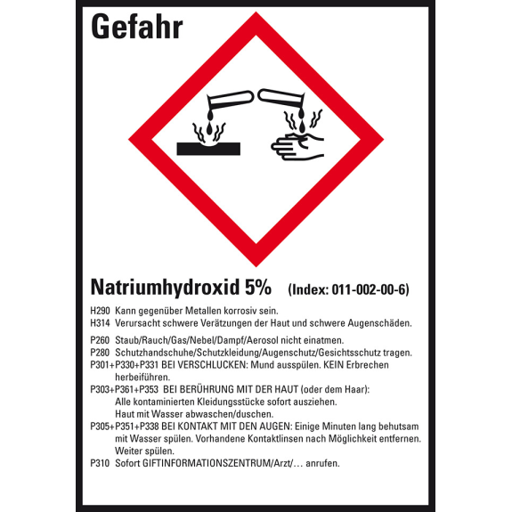 GHS-Etikett Natriumhydroxid 5%, GefStoffV/GHS/CLP, Folie, 74x52mm, 10/Bogen-Beschreibung lesen