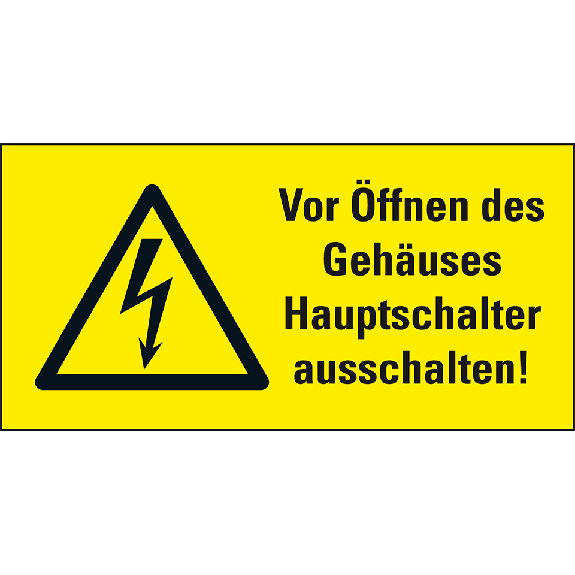 Warn-Kombischild Vor Öffnen des Gehäuses Hauptschalter ausschalten, praxisbewährt, Folie, 105x52mm Warn-Kombischild Vor Öffnen des Gehäuses Hauptschalter ausschalten, praxisbewährt, Folie, 105x52mm-Beschreibung lesen