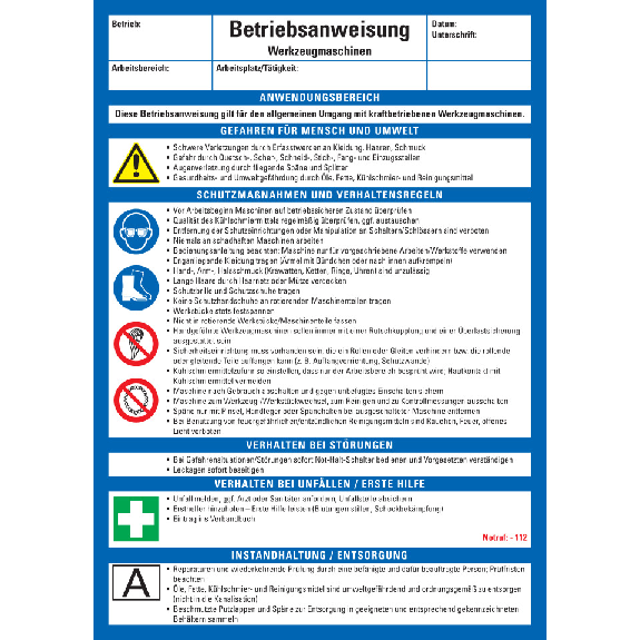 Maschinenbetriebsanweisung Werkzeugmaschinen, Kunststoff, 210x297mm, ASR A1.3, DIN EN ISO 7010-Beschreibung lesen