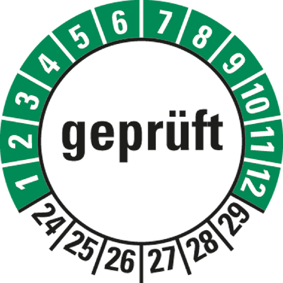 Prüfplakette geprüft, 24-29, weiß/grün, Folie, selbstklebend, Ø 30mm, 10/Bogen-Beschreibung lesen