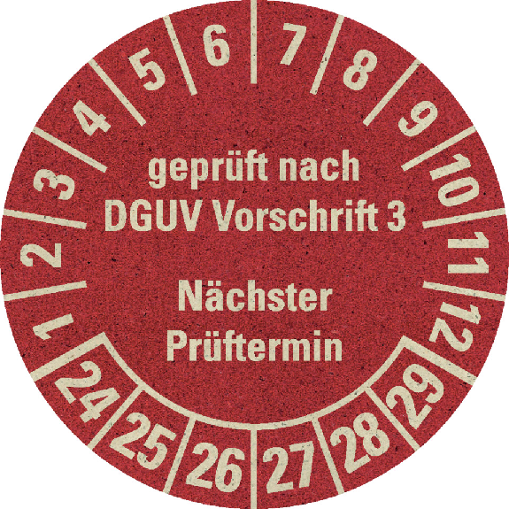 Prüfplakette gepr.DGUV V3 NP 24-29,rot,Primärfaser-Graspapier,Ø 30mm,18/Bogen-Leggi tutto