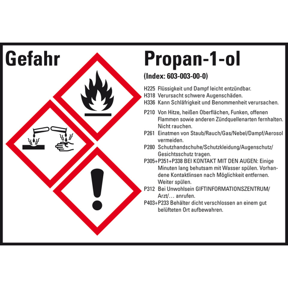 Gefahrstoffetikett Propan-1-ol, GefStoffV/GHS/CLP, Folie, 74x105mm, 8/Bogen-Beschreibung lesen