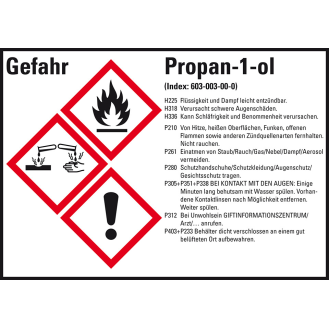 Gefahrstoffetikett Propan-1-ol, GefStoffV/GHS/CLP, Folie, 74x105mm, 8/Bogen-Beschreibung lesen
