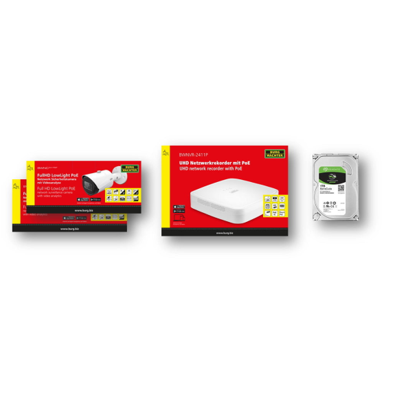 BWSet_121_2KFB_1R1TB BURG GARD, Das Netzwerktechnik Starter Set besteht aus einem 4 Kanal Netzwerk-Rekorder mit 1TB Fes-Lire la description