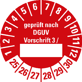 Prüfplakette,gepr.n.DGUV Vorschr.3,25-30,rot,Folie,selbstklebend,Ø 30mm,10/BOG-Beschreibung lesen