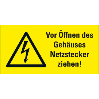 Warn-Kombischild Vor Öffnen...Netzstecker, RoHS konform, Folie, 52x26mm, 10/Bogen-Beschreibung lesen