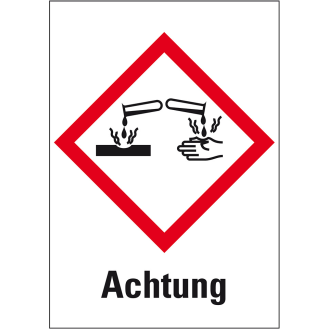 Gefahrensymbol Ätzwirkung GHS 05, Achtung, Haftpapier, 18x26mm, 1000/Rolle, GHS-Verordnung-Beschreibung lesen