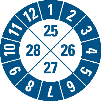 Prüfplakette, Jahresbereich 25-28, blau/weiß, Folie, selbstkl., Ø 30mm, 10/Bogen-Beschreibung lesen