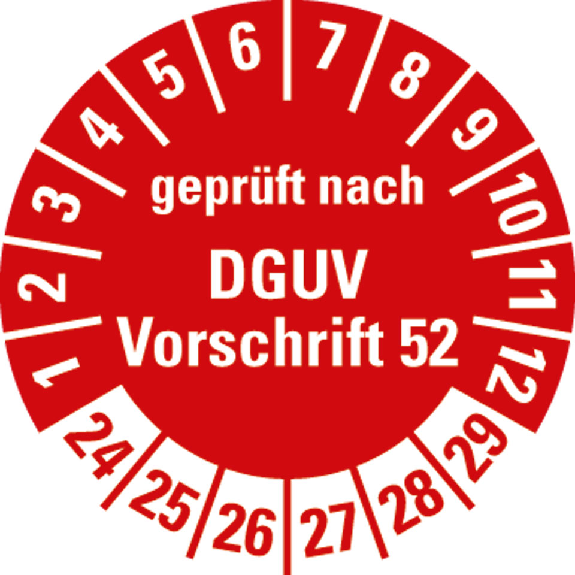 Prüfplakette gepr. nach DGUV Vorschr.52,24-29,rot,Folie,selbst.,Ø 30mm,10/Bogen Prüfplakette gepr. nach DGUV Vorschr.52,24-29,rot,Folie,selbst.,Ø 30mm,10/Bogen-Beschreibung lesen