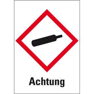 Gefahrensymbol Gasflasche GHS 04, Achtung, Folie, 37x26mm, 12/Bogen, GHS-Verordnung-Beschreibung lesen