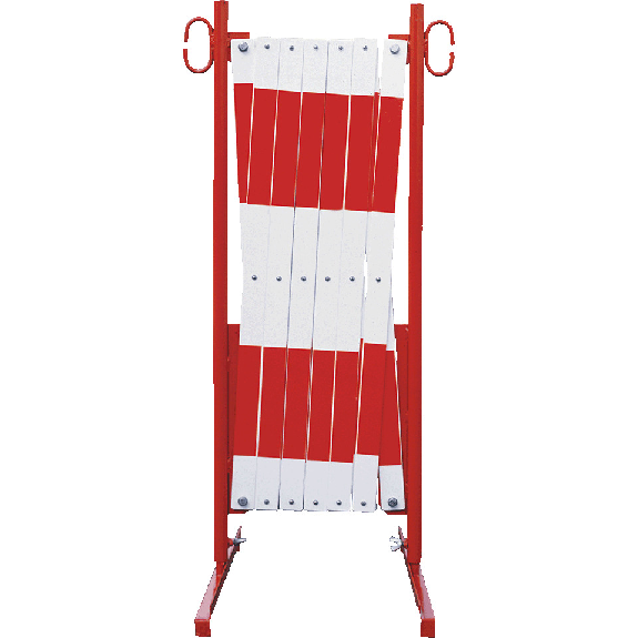 Scherensperre, schwer, weiß mit roter Reflexfolie, stufenlos ausziehbar bis 4,3m, 23,2kg-Beschreibung lesen