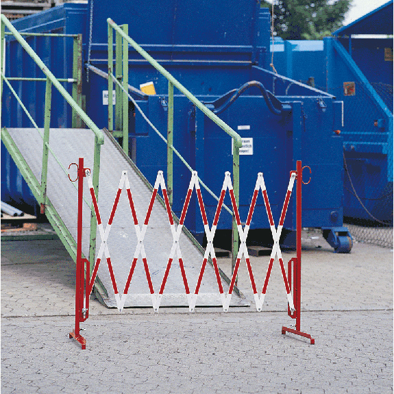 Scherensperre, schwer, weiß mit roter Reflexfolie, stufenlos ausziehbar bis 4,3m, 23,2kg-Beschreibung lesen