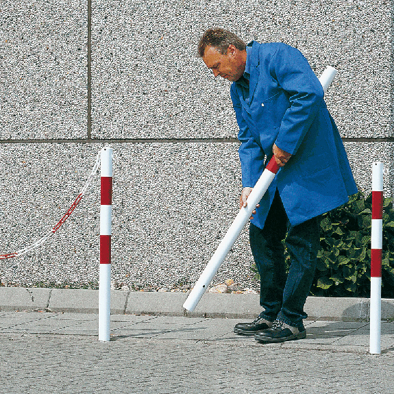 Absperrpfosten Bern, 2 Kettenösen, herausnehmbar, gelb/schwarz, Ø 60mm, 1400mm-Beschreibung lesen