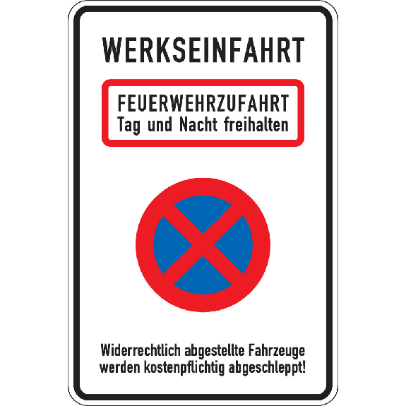 Kombischild Werkseinfahrt Feuerwehrzufahrt..., Aluminium RA0, reflektierend, 600x900mm, DIN 67520-Beschreibung lesen