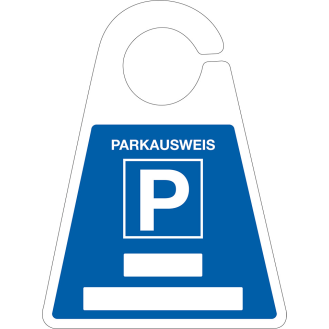 Parkausweis mit Parkplatzzeichen, zum Beschriften, blau, Kunststoff, 120x165mm-Beschreibung lesen