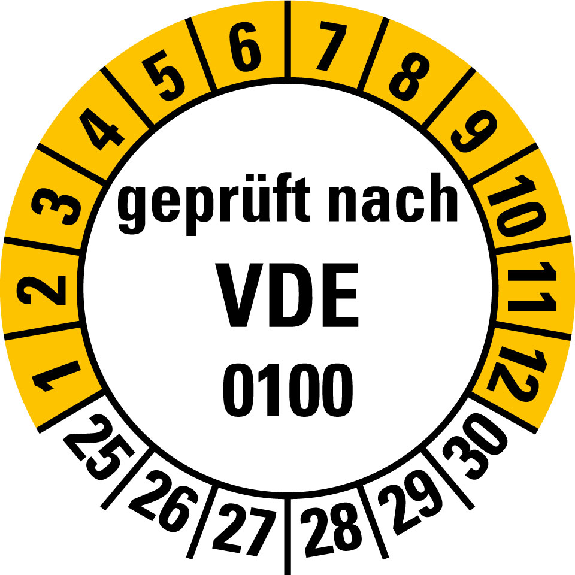 Prüfplakette geprüft nach VDE 0100,25-30,Folie,selbstklebend,Ø 30mm,10/Bogen Prüfplakette geprüft nach VDE 0100,25-30,Folie,selbstklebend,Ø 30mm,10/Bogen-Beschreibung lesen