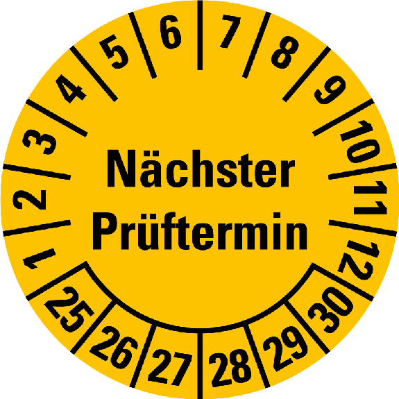 Prüfplakette Nächster Prüftermin 25-30,gelb,Folie,selbstklebend,Ø 30mm,10/Bogen Prüfplakette Nächster Prüftermin 25-30,gelb,Folie,selbstklebend,Ø 30mm,10/Bogen-Beschreibung lesen