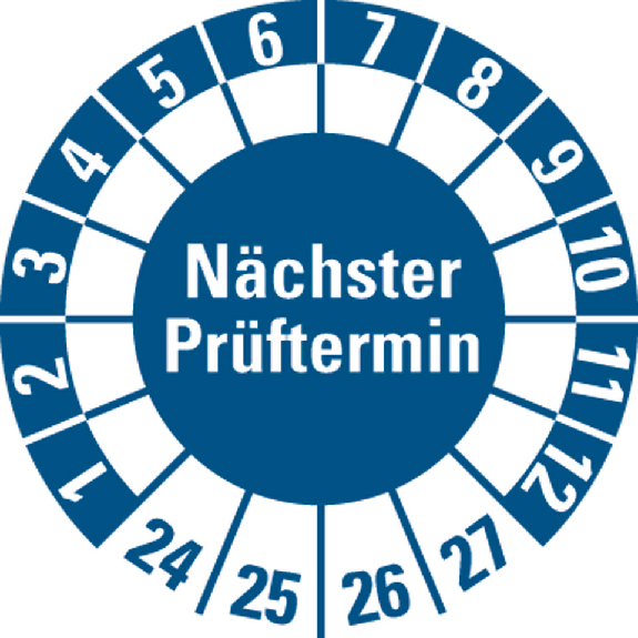 Prüfplakette Nächster Prüftermin 24-27,blau,Folie,selbstklebend,Ø 30mm,10/Bogen-Beschreibung lesen