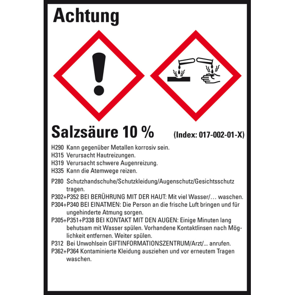 GHS-Etikett Salzsäure 10%, GefStoffV/GHS/CLP, Folie, 74x52mm, 10/Bogen GHS-Etikett Salzsäure 10%, GefStoffV/GHS/CLP, Folie, 74x52mm, 10/Bogen-Beschreibung lesen