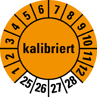 Prüfplakette kalibriert, 25-28, orange, Folie, selbstklebend, Ø 20mm, 10/Bogen-Beschreibung lesen