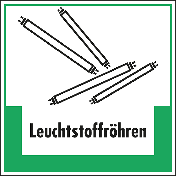 Abfallkennzeichen Leuchtstoffröhren, mit Symbol und Text, Kunststoff, 200x200mm Abfallkennzeichen Leuchtstoffröhren, mit Symbol und Text, Kunststoff, 200x200mm-Beschreibung lesen