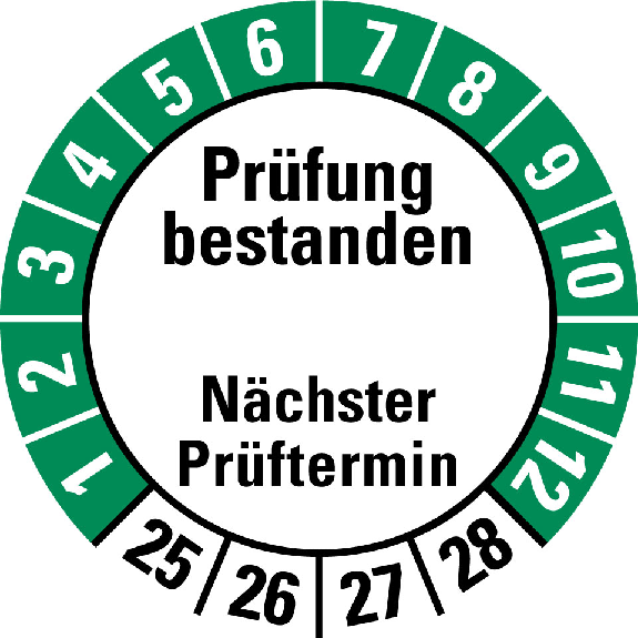 Prüfplakette Prüfung bestanden,Nä. Prüft.,25-28,weiß/grün,Folie,Ø 30mm,10/Bogen Prüfplakette Prüfung bestanden,Nä. Prüft.,25-28,weiß/grün,Folie,Ø 30mm,10/Bogen-Beschreibung lesen