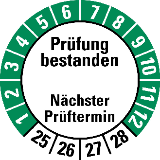 Prüfplakette Prüfung bestanden,Nä. Prüft.,25-28,weiß/grün,Folie,Ø 30mm,10/Bogen-Beschreibung lesen