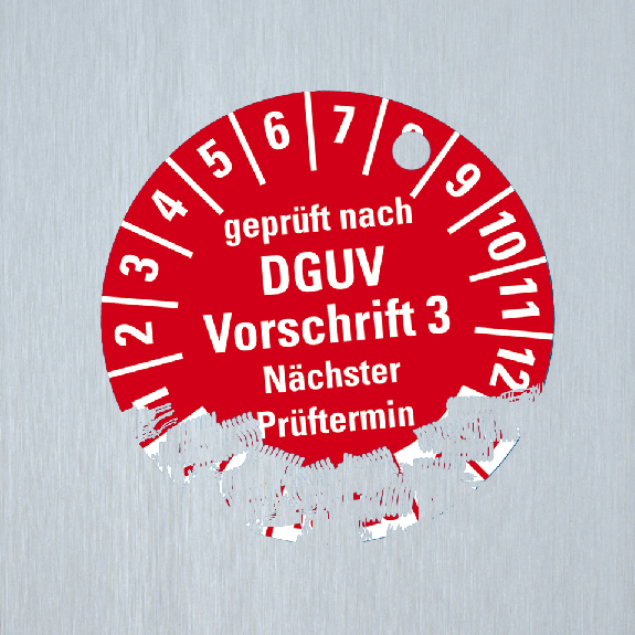 Prüfplakette DGUV Vorschrift 3,NP,25-30,rot/weiß,Dokumentenfolie,Ø 30mm,10/Bogen-Beschreibung lesen