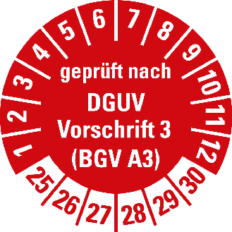 Prüfplakette gepr.n.DGUV Vor.3 (BGV A3),25-30,rot,Folie,selbst.,Ø 20mm,10/Bogen-Beschreibung lesen
