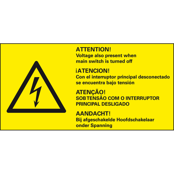 Warn-Kombischild ACHTUNG...ausgesch.Hauptschalter, RoHS konform, 4-spr, Folie, 74x37mm-Beschreibung lesen