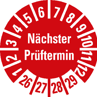 Prüfplakette Nächster Prüftermin 26-29,rot,Folie,selbstklebend,Ø 10mm,500/Rolle-Beschreibung lesen