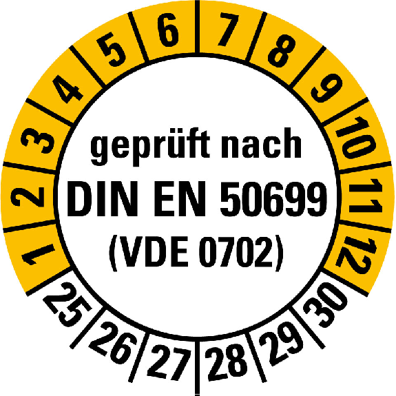 Prüfplakette gepr.n.DIN EN 50699 (VDE0702),25-30,weiß/gelb,Folie,Ø 20mm,10/Bogen Prüfplakette gepr.n.DIN EN 50699 (VDE0702),25-30,weiß/gelb,Folie,Ø 20mm,10/Bogen-Beschreibung lesen