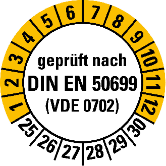 Prüfplakette gepr.n.DIN EN 50699 (VDE0702),25-30,weiß/gelb,Folie,Ø 20mm,10/Bogen-Beschreibung lesen