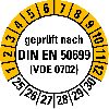 Prüfplakette gepr.n.DIN EN 50699 (VDE0702),25-30,weiß/gelb,Folie,Ø 20mm,10/Bogen Prüfplakette gepr.n.DIN EN 50699 (VDE0702),25-30,weiß/gelb,Folie,Ø 20mm,10/Bogen