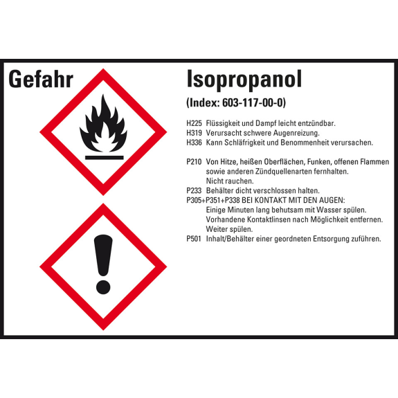 Gefahrstoffetikett Isopropanol, GefStoffV/GHS/CLP, Folie, 105x74mm, 8/Bogen-Beschreibung lesen