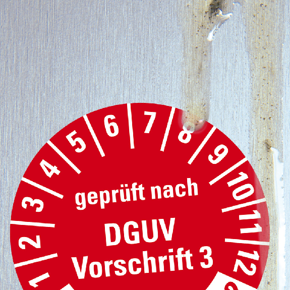 Prüfplakette geprüft nach DGUV 3,25-30,rot,ölige Untergründe,Ø 30mm,10/Bogen-Beschreibung lesen
