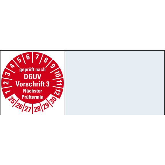 Kabelprüfplakette DGUV Vorschr. 3 NP 25-30,rot,Folie,selbstkl.,20x50mm,64/Heft-Beschreibung lesen