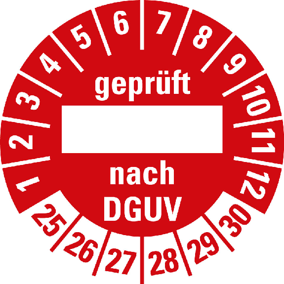 Prüfplakette geprüft nach DGUV, 25-30, rot, Folie, selbst., Ø 30mm, 10/Bogen-Beschreibung lesen