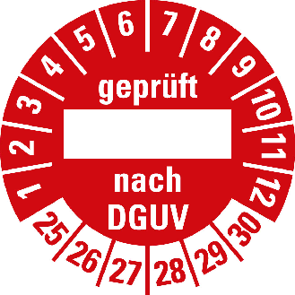 Prüfplakette geprüft nach DGUV, 25-30, rot, Folie, selbst., Ø 30mm, 10/Bogen-Beschreibung lesen