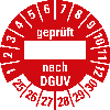 Prüfplakette geprüft nach DGUV, 25-30, rot, Folie, selbst., Ø 30mm, 10/Bogen
