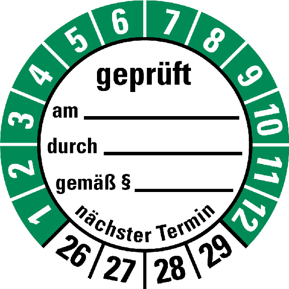 Prüfplakette geprüft am,durch,nä. Termin,26-29,weiß/grün,Folie,Ø 30mm,10/Bogen-Beschreibung lesen