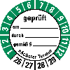 Prüfplakette geprüft am,durch,nä. Termin,26-29,weiß/grün,Folie,Ø 30mm,10/Bogen
