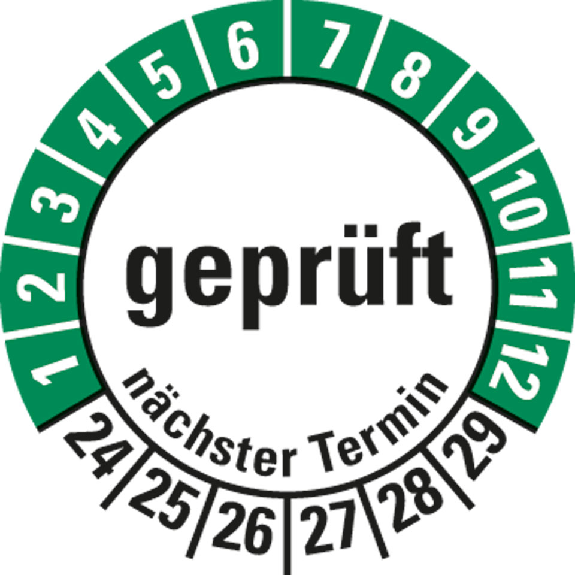 Prüfplakette geprüft nächster Termin,24-29,Folie,selbstklebend,Ø 30mm,10/Bogen-Beschreibung lesen