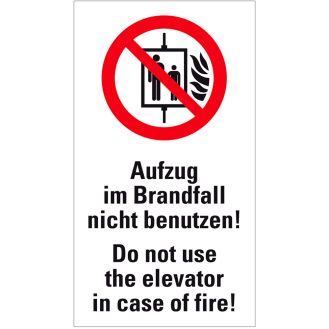Verbots-Kombischild Aufzug im Brandfall....,de/en,Folie,selbstklebend,250x140mm-Beschreibung lesen